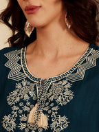 Teal Blue Embroidered Kurti With Intricate Threadwork Detailing