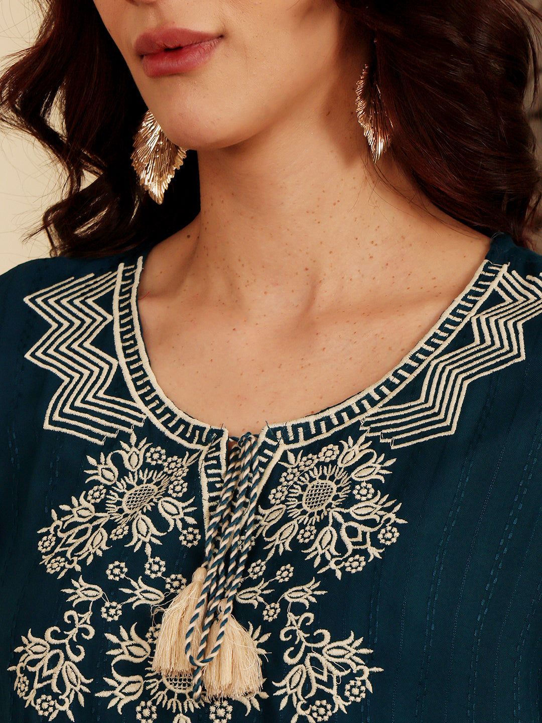 Teal Blue Embroidered Kurti With Intricate Threadwork Detailing
