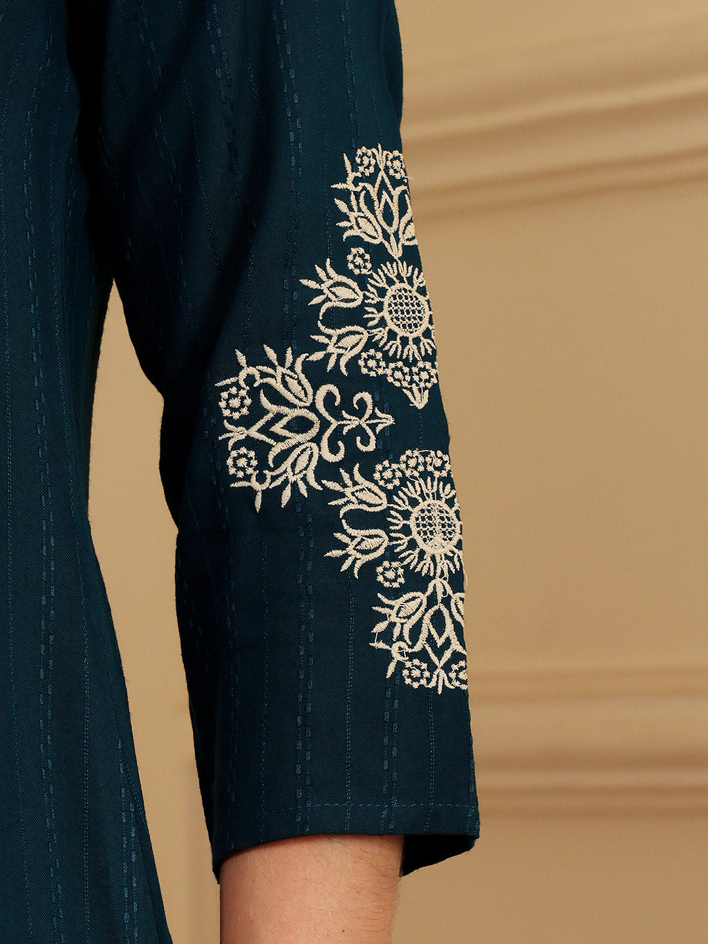 Teal Blue Embroidered Kurti With Intricate Threadwork Detailing