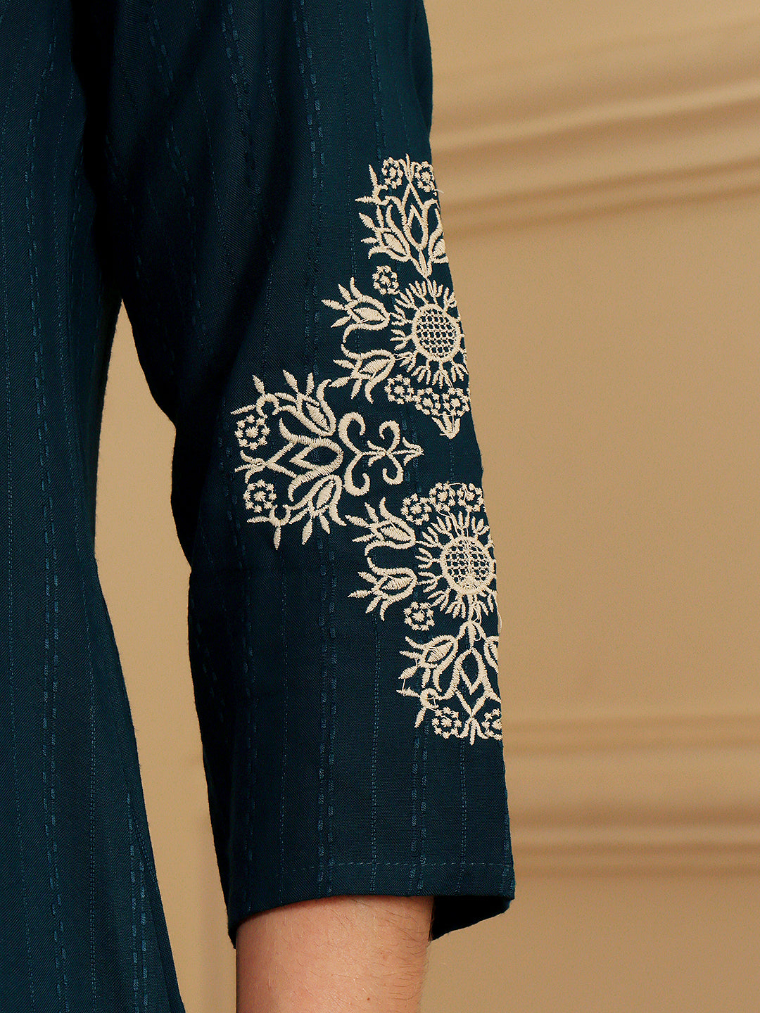 Teal Blue Embroidered Kurti With Intricate Threadwork Detailing