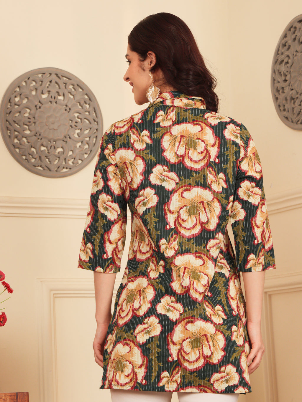 Women's Floral Print Tunic Top With 3/4 Sleeves