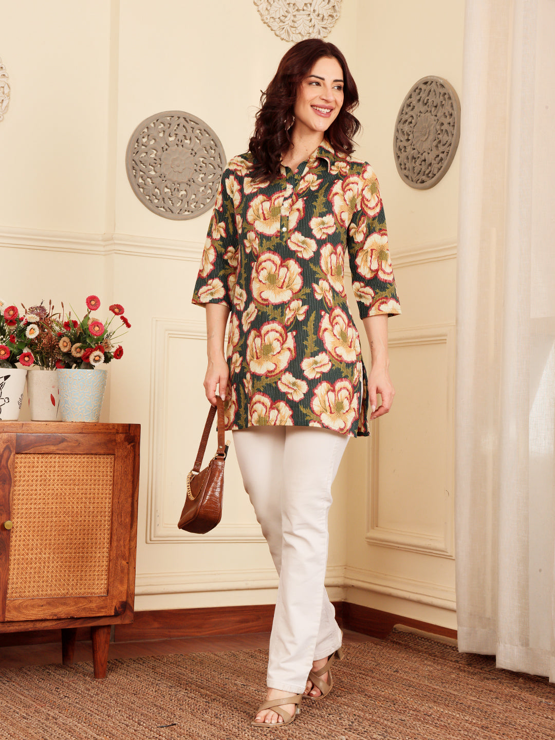 Women's Floral Print Tunic Top With 3/4 Sleeves