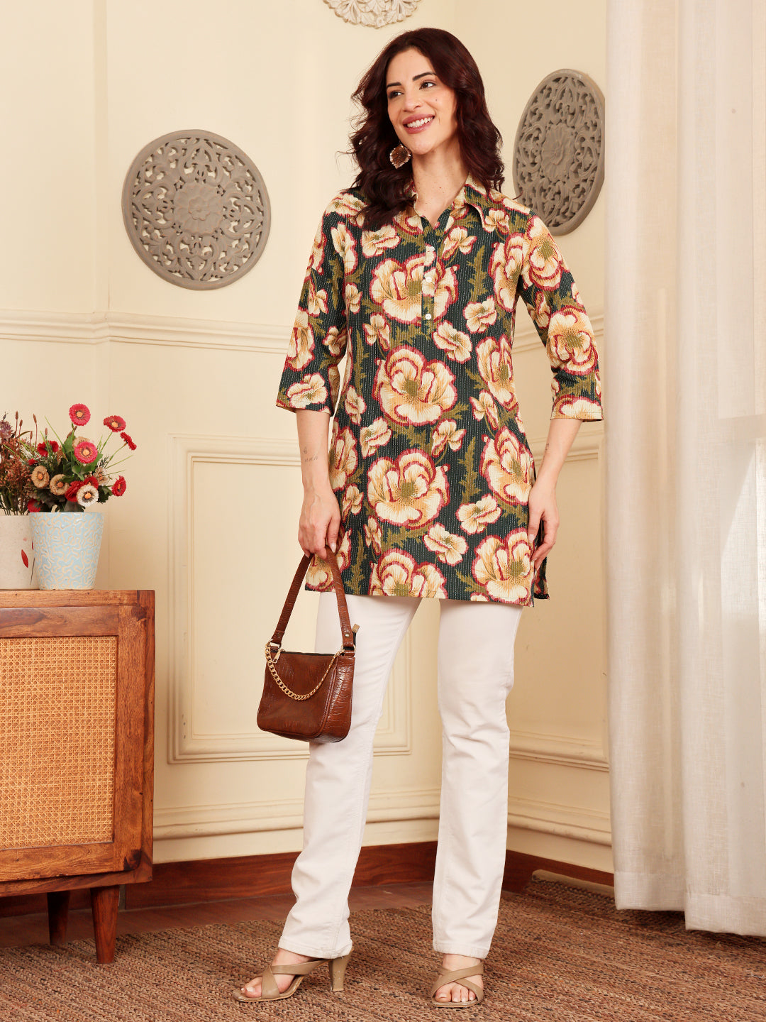 Women's Floral Print Tunic Top With 3/4 Sleeves