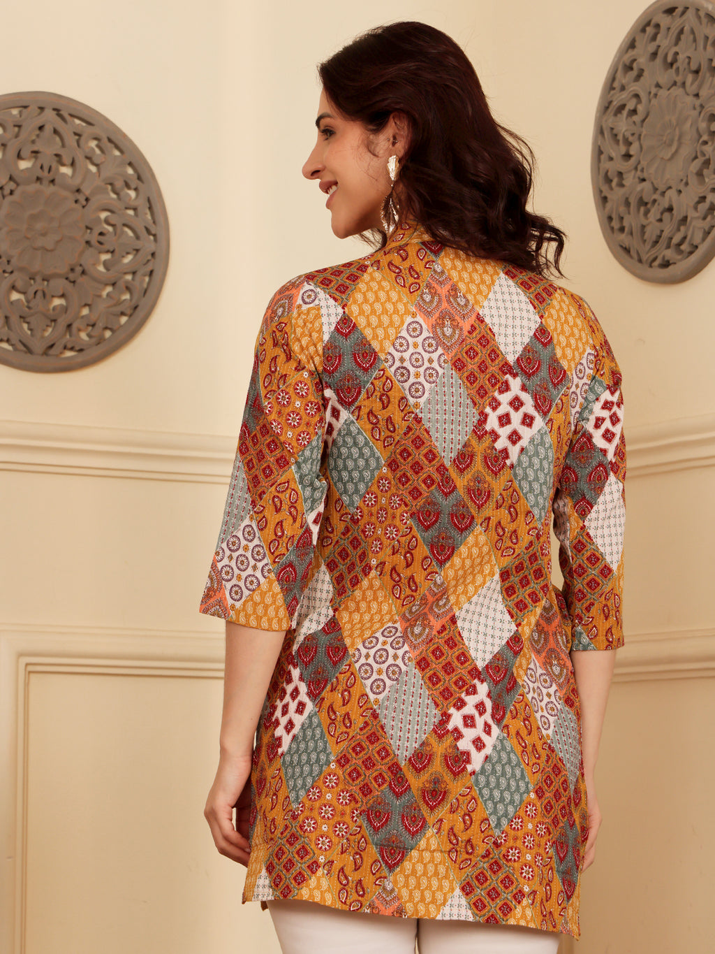 Yellow Women's Multicolor Patchwork Printed Cotton Kurti With 3/4 Sleeves