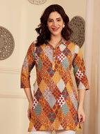 Yellow Women's Multicolor Patchwork Printed Cotton Kurti With 3/4 Sleeves