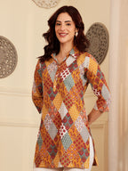 Yellow Women's Multicolor Patchwork Printed Cotton Kurti With 3/4 Sleeves