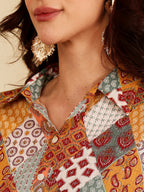 Yellow Women's Multicolor Patchwork Printed Cotton Kurti With 3/4 Sleeves