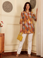 Yellow Women's Multicolor Patchwork Printed Cotton Kurti With 3/4 Sleeves