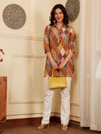 Yellow Women's Multicolor Patchwork Printed Cotton Kurti With 3/4 Sleeves