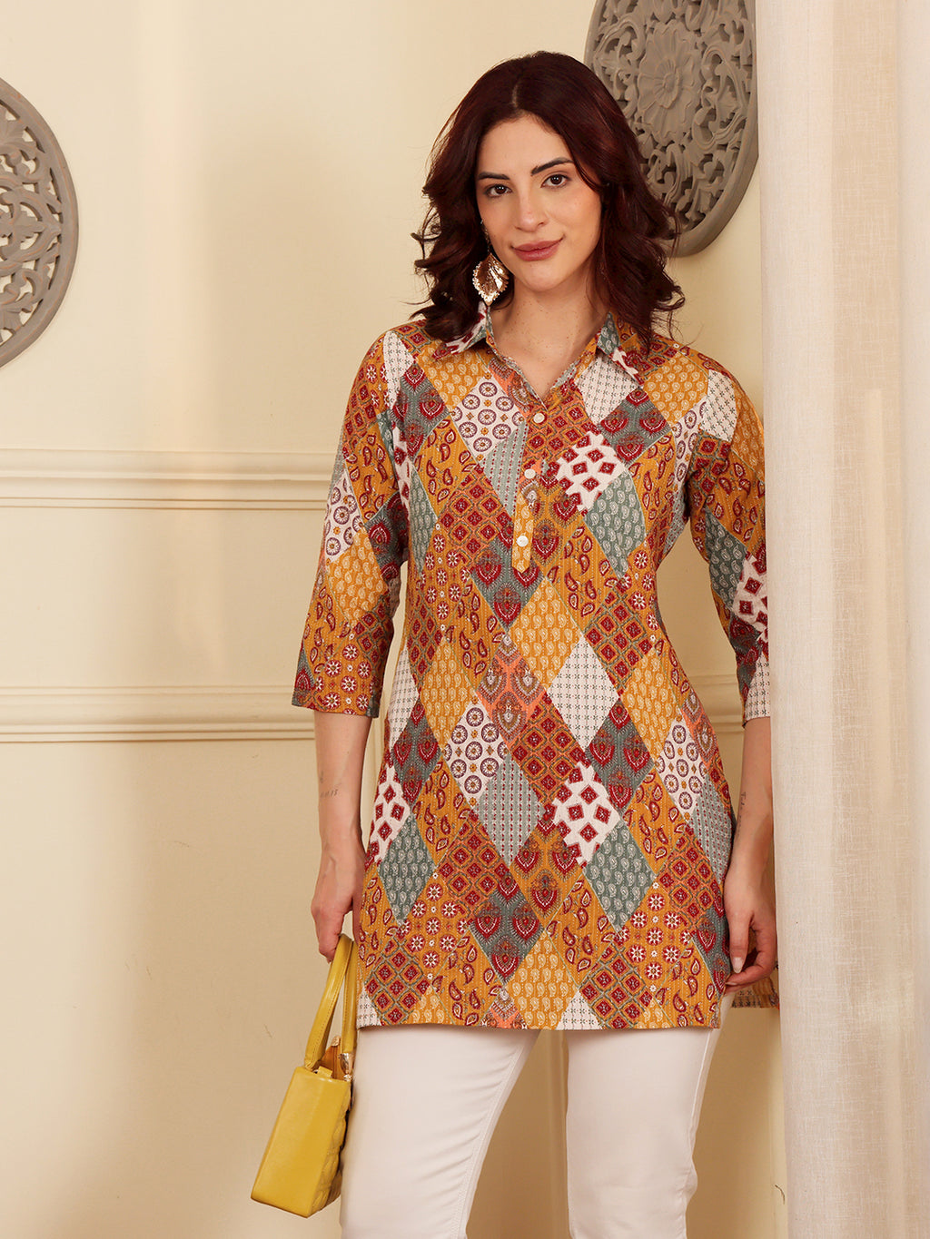 Yellow Women's Multicolor Patchwork Printed Cotton Kurti With 3/4 Sleeves