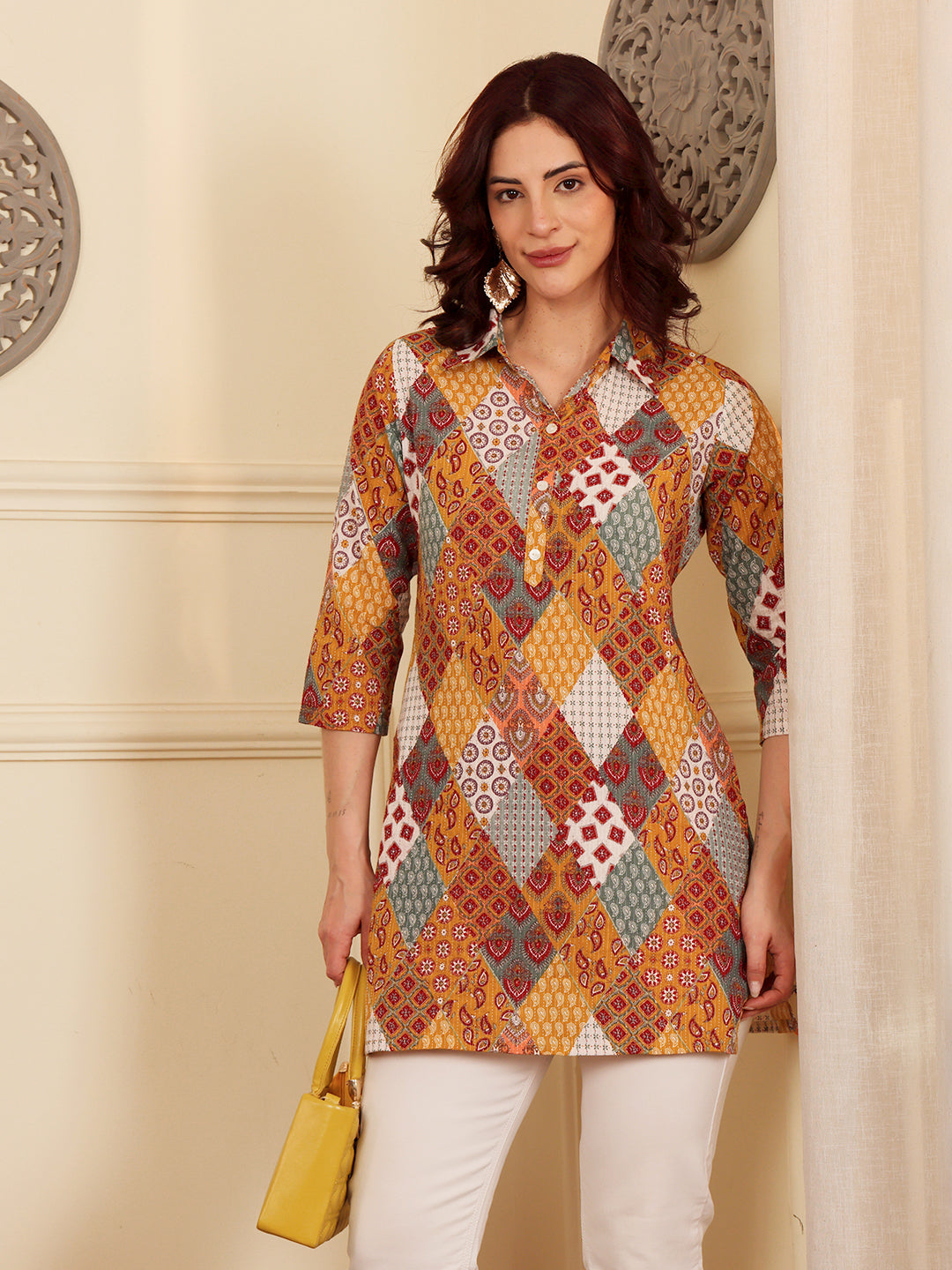 Yellow Women's Multicolor Patchwork Printed Cotton Kurti With 3/4 Sleeves