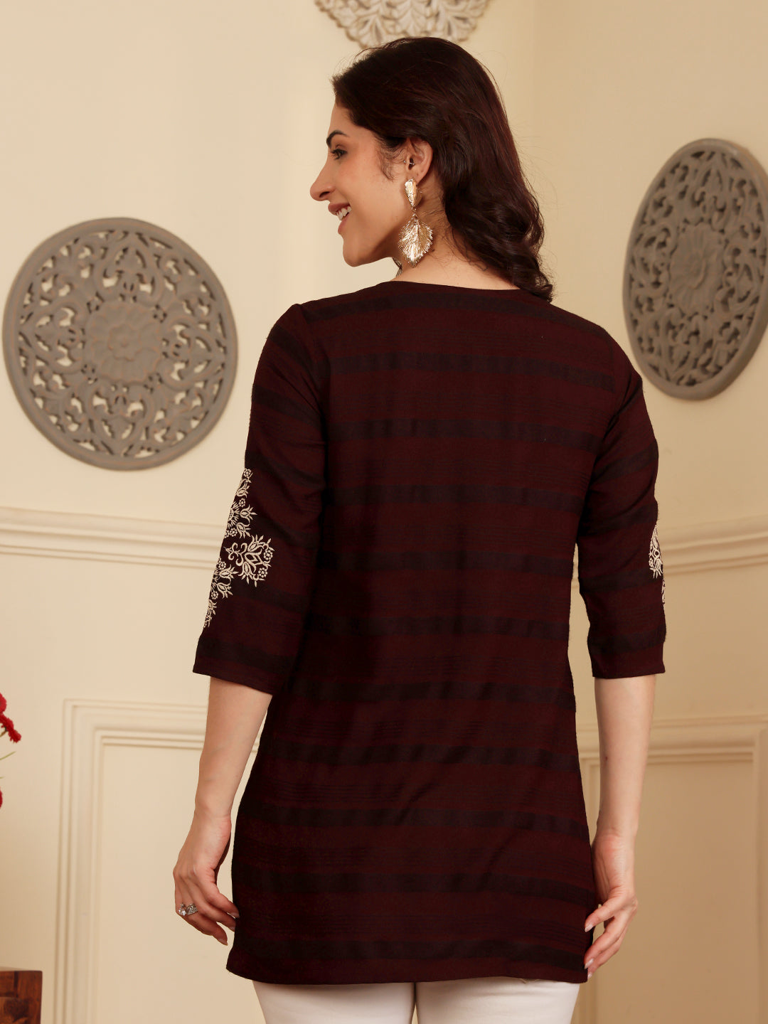 Deep Maroon Embroidered Kurti With Contrast Threadwork Detailing