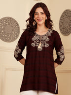 Deep Maroon Embroidered Kurti With Contrast Threadwork Detailing