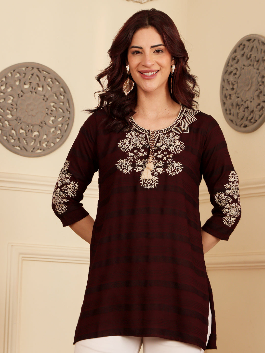 Deep Maroon Embroidered Kurti With Contrast Threadwork Detailing