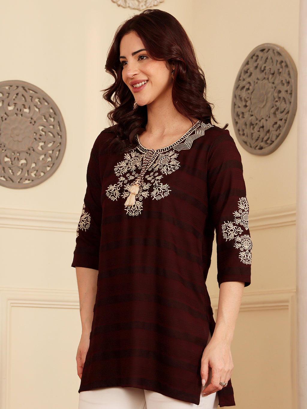 Deep Maroon Embroidered Kurti With Contrast Threadwork Detailing