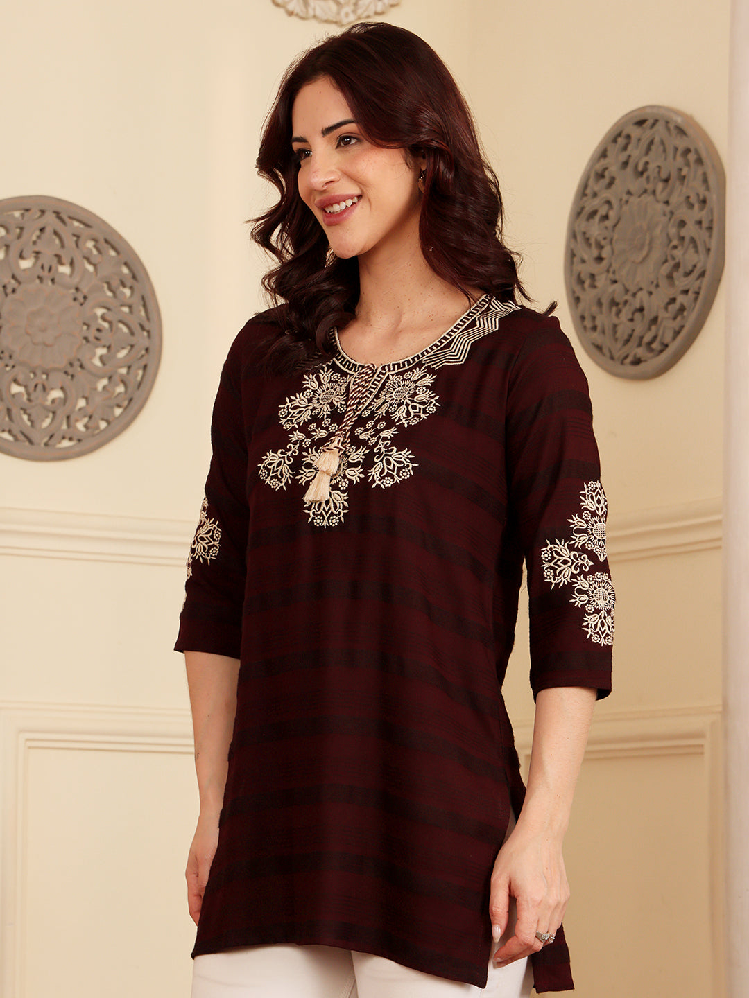 Deep Maroon Embroidered Kurti With Contrast Threadwork Detailing