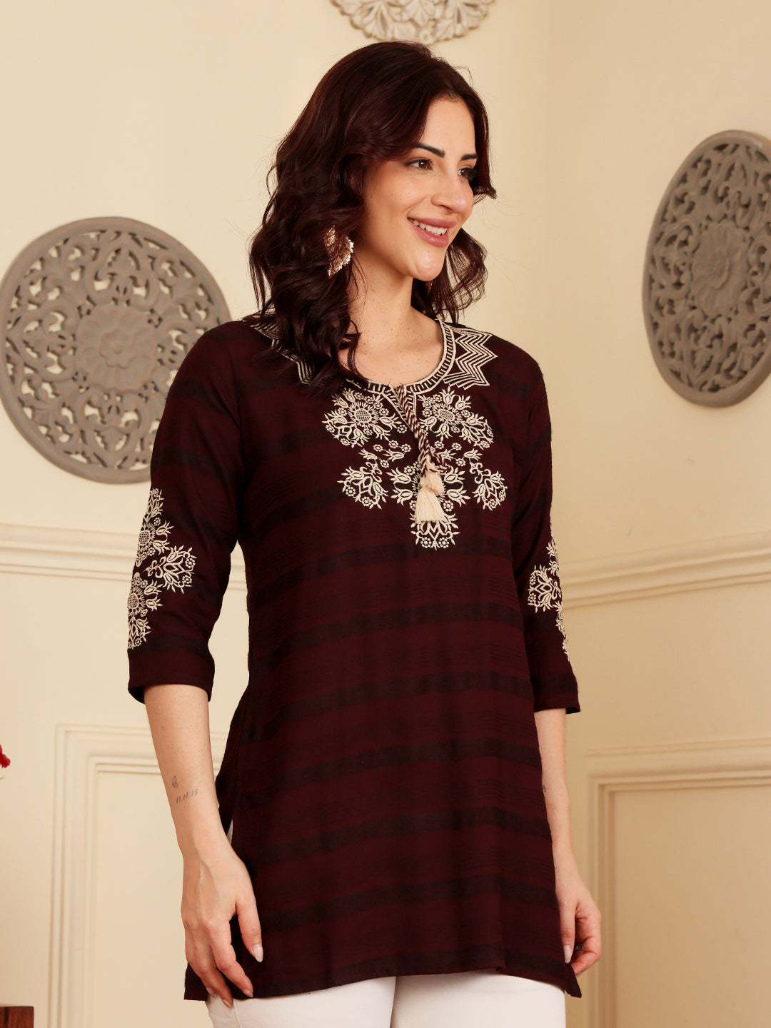 Deep Maroon Embroidered Kurti With Contrast Threadwork Detailing