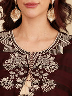 Deep Maroon Embroidered Kurti With Contrast Threadwork Detailing
