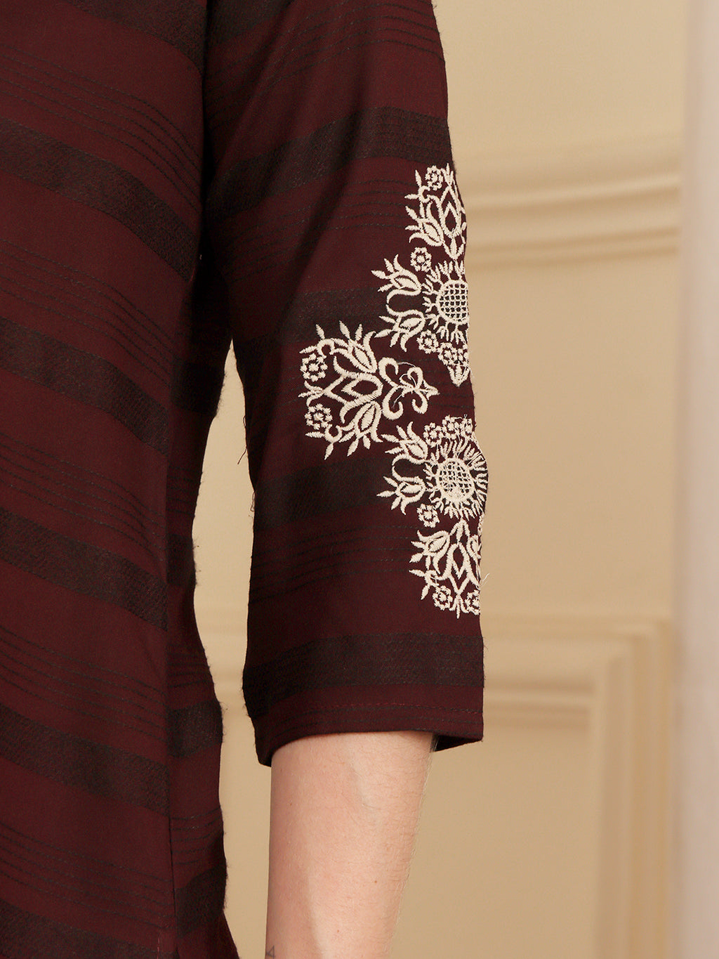 Deep Maroon Embroidered Kurti With Contrast Threadwork Detailing