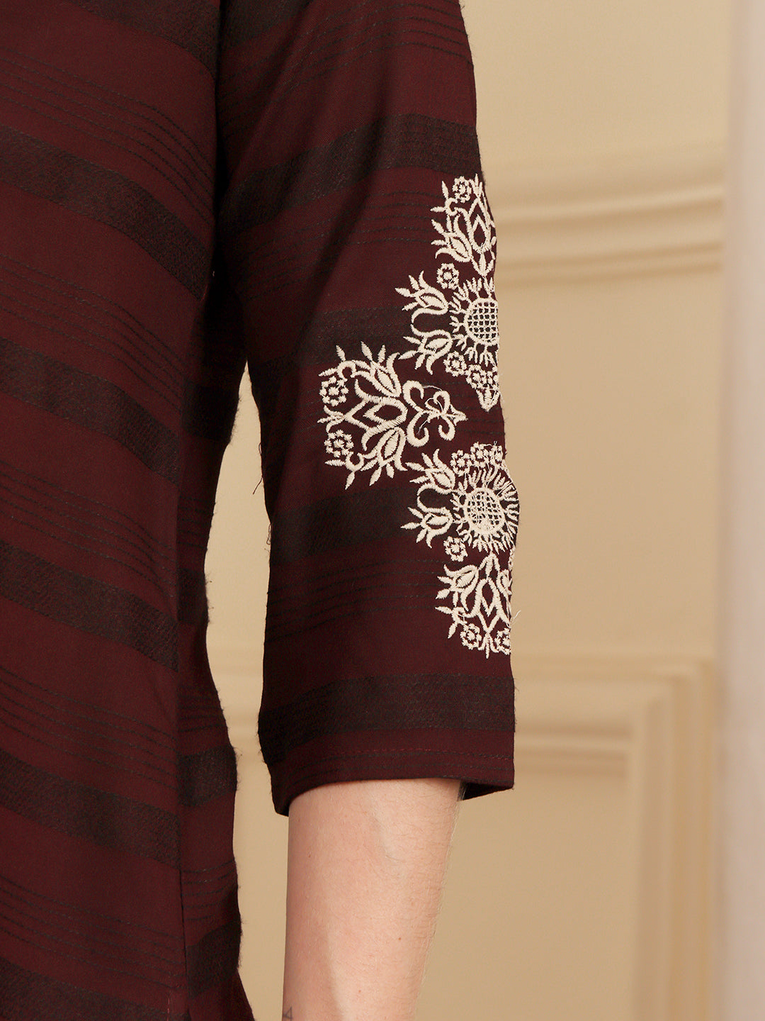 Deep Maroon Embroidered Kurti With Contrast Threadwork Detailing