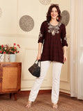 Deep Maroon Embroidered Kurti With Contrast Threadwork Detailing