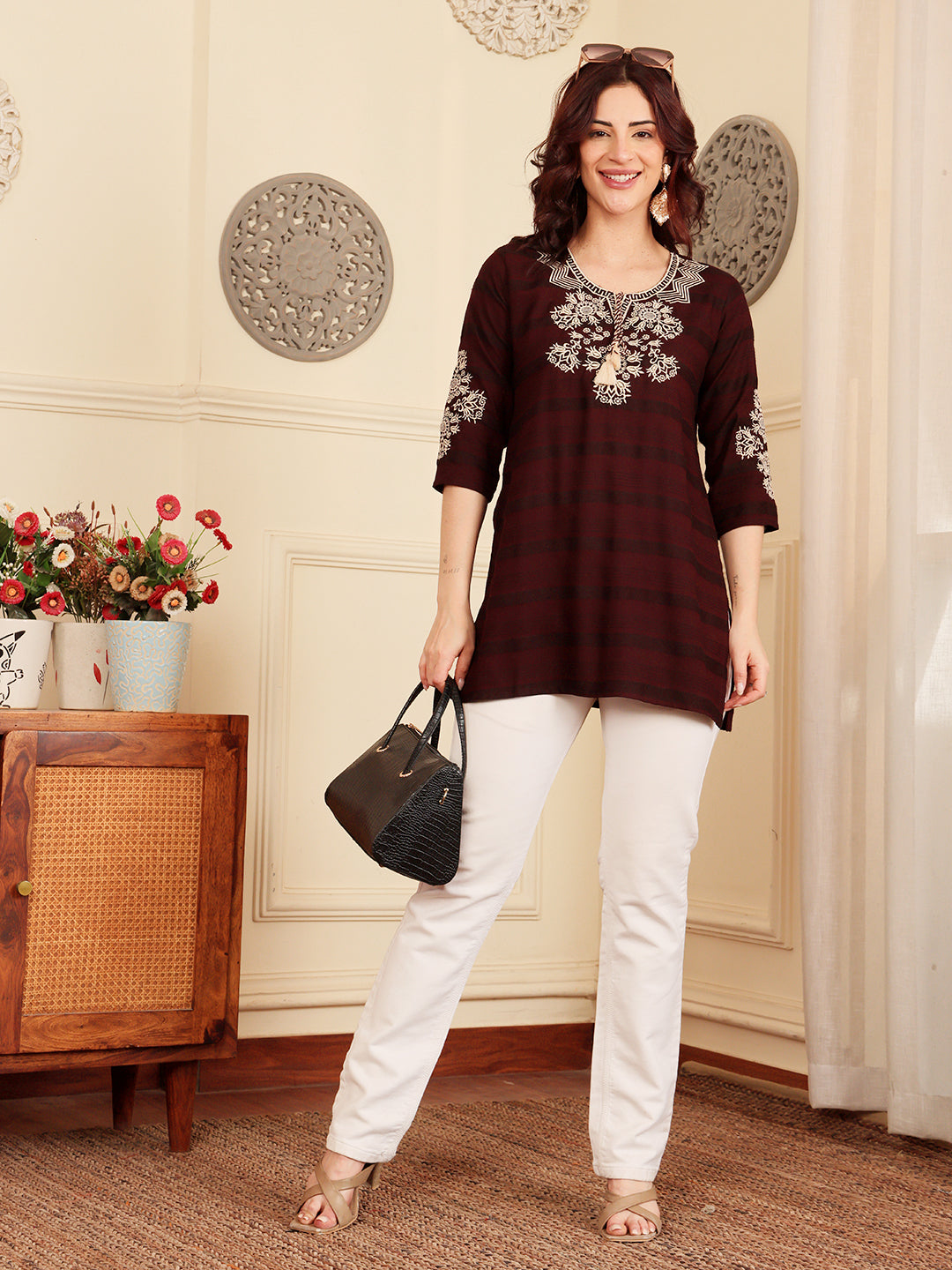 Deep Maroon Embroidered Kurti With Contrast Threadwork Detailing