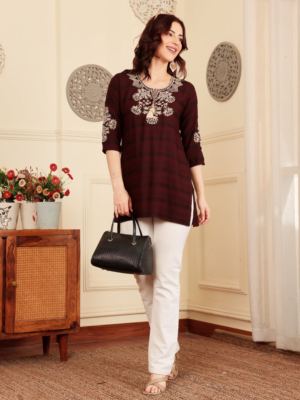 Deep Maroon Embroidered Kurti With Contrast Threadwork Detailing