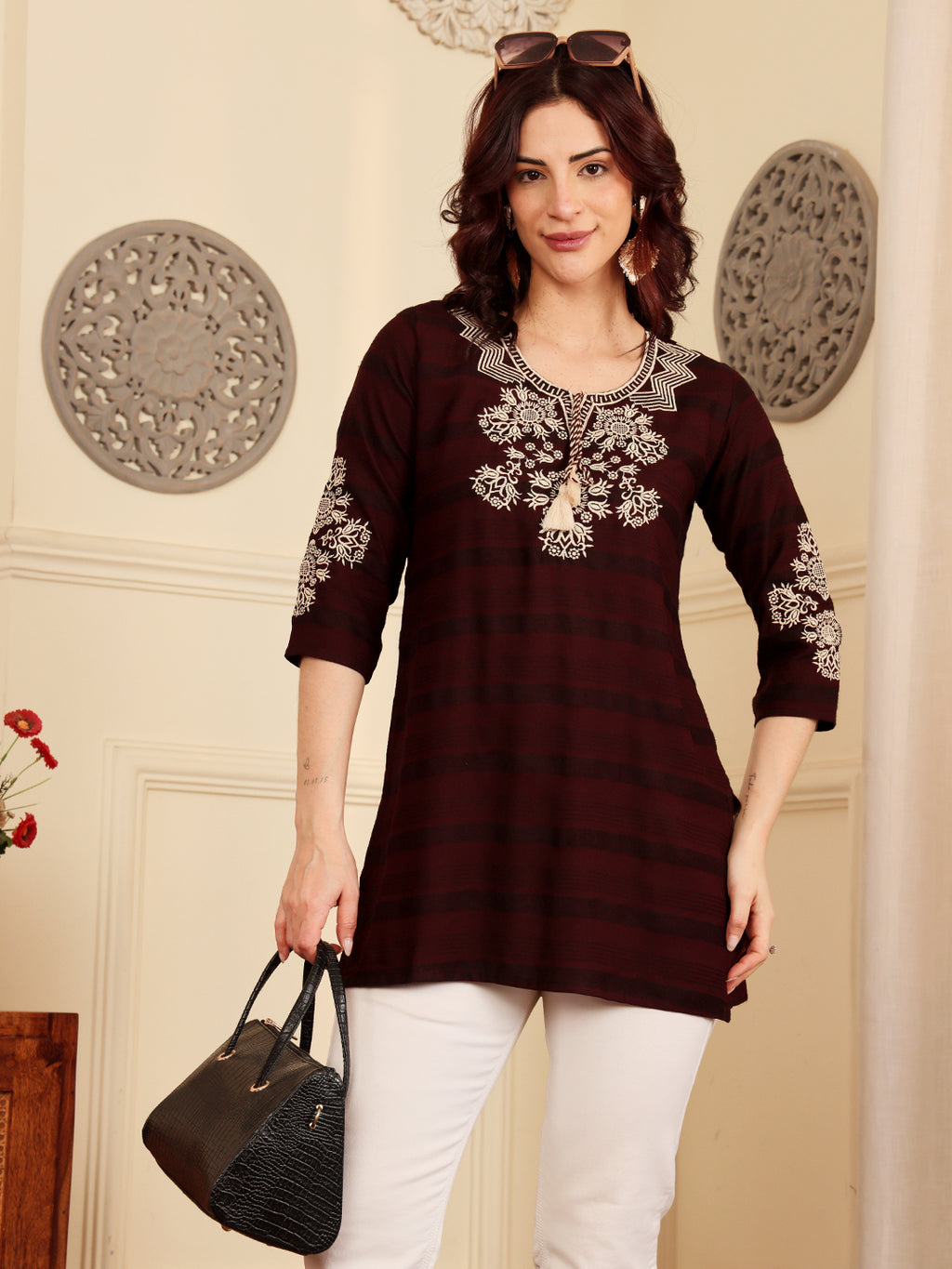 Deep Maroon Embroidered Kurti With Contrast Threadwork Detailing