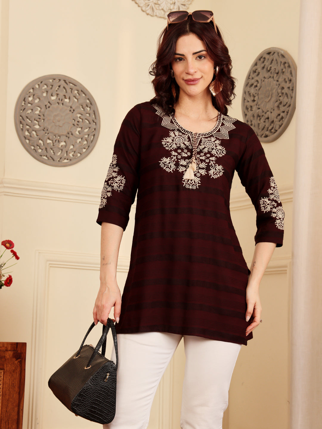 Deep Maroon Embroidered Kurti With Contrast Threadwork Detailing