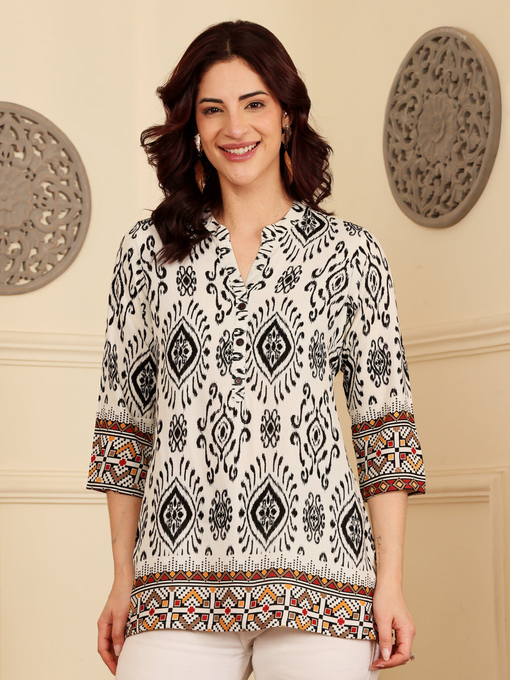 White Printed Tunic With Ethnic Border Design