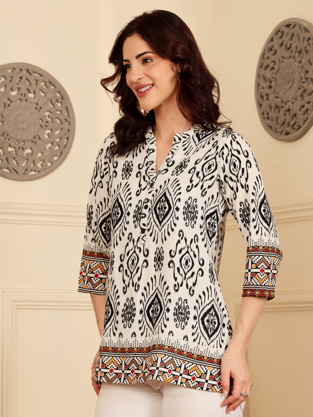 White Printed Tunic With Ethnic Border Design