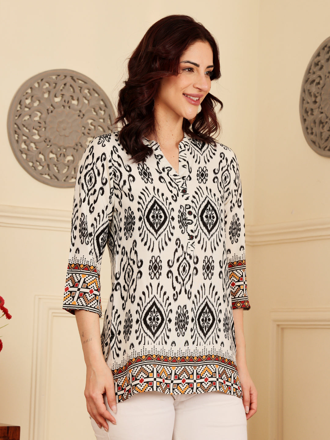 White Printed Tunic With Ethnic Border Design