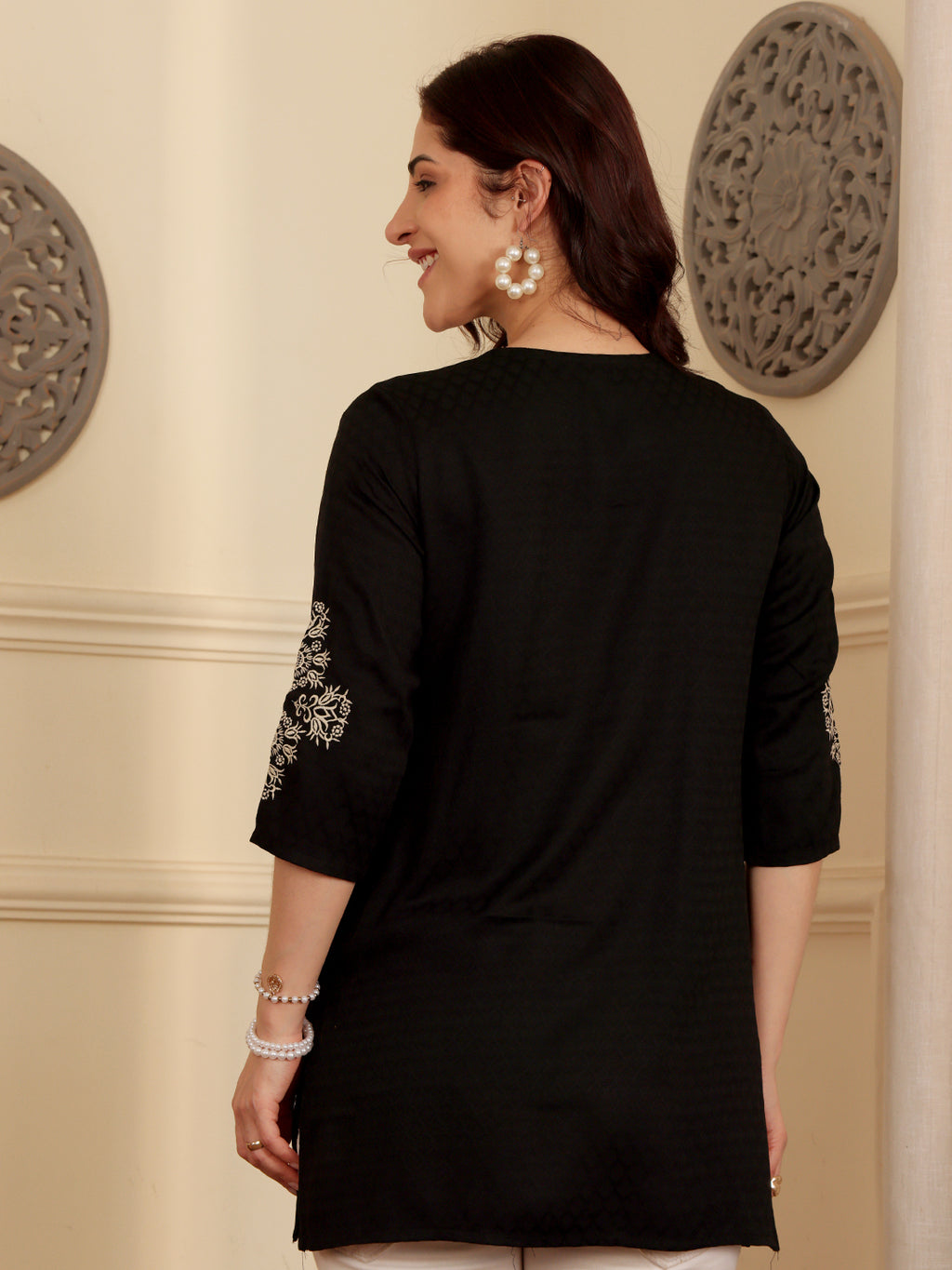 Classic Black Embroidered Kurti With Contrast Threadwork Detailing
