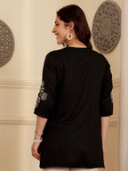Classic Black Embroidered Kurti With Contrast Threadwork Detailing