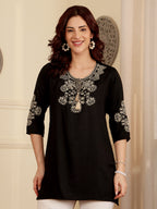 Classic Black Embroidered Kurti With Contrast Threadwork Detailing