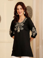 Classic Black Embroidered Kurti With Contrast Threadwork Detailing