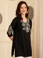 Classic Black Embroidered Kurti With Contrast Threadwork Detailing