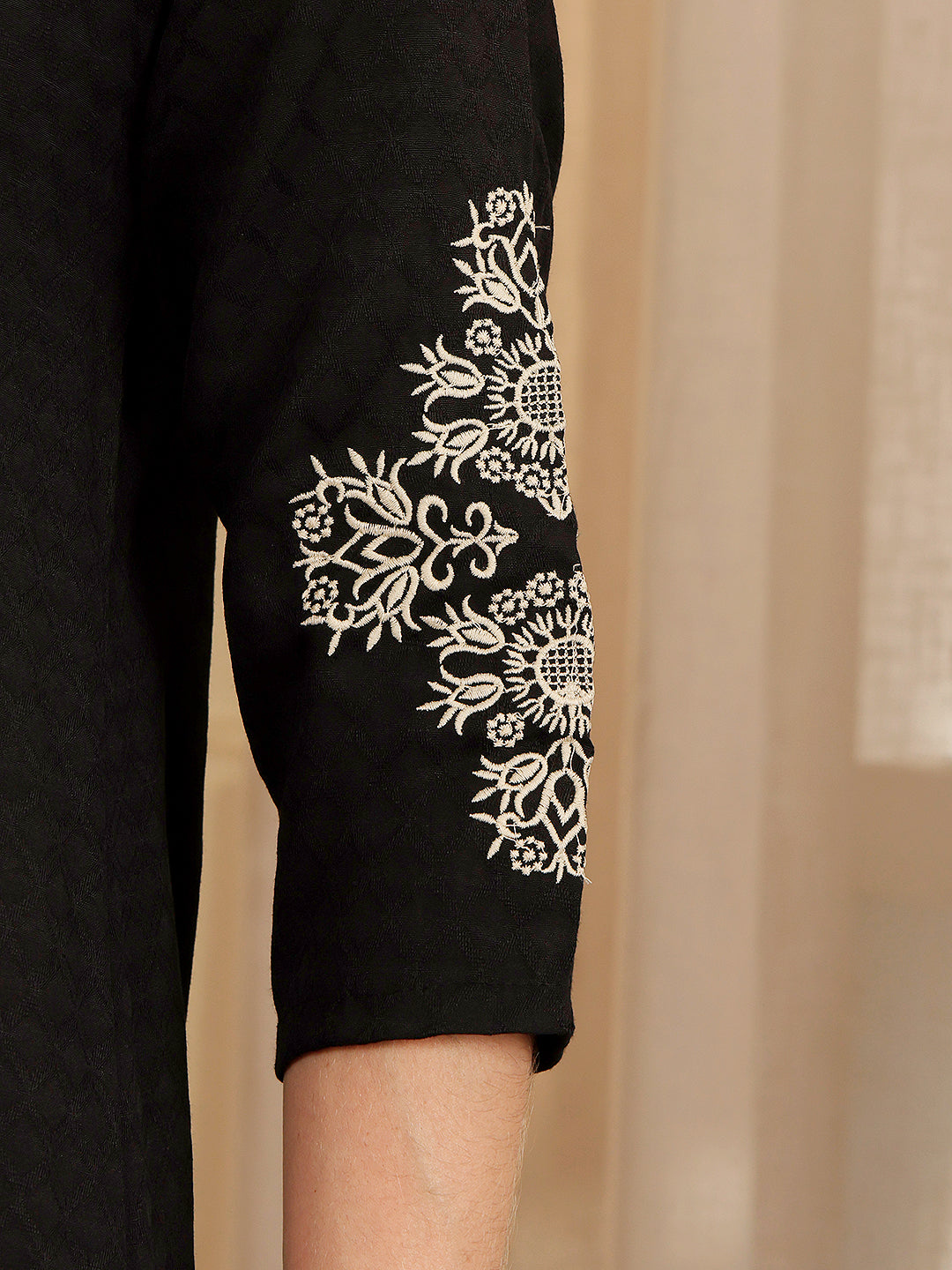 Classic Black Embroidered Kurti With Contrast Threadwork Detailing