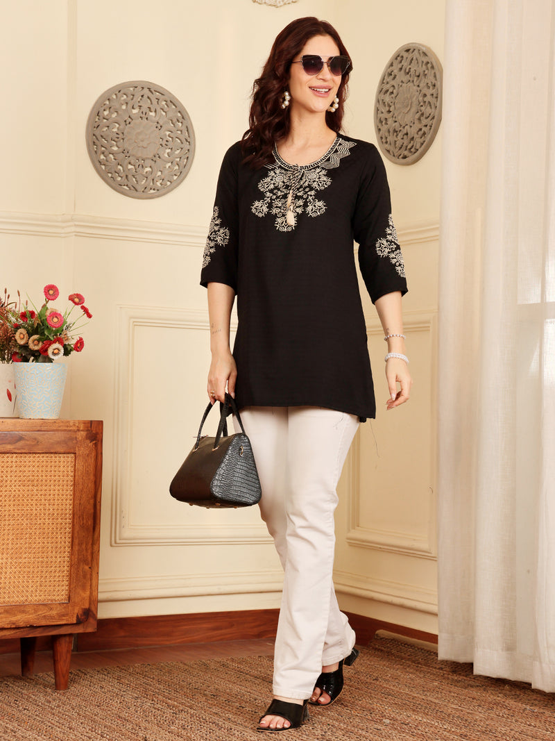 Classic Black Embroidered Kurti With Contrast Threadwork Detailing