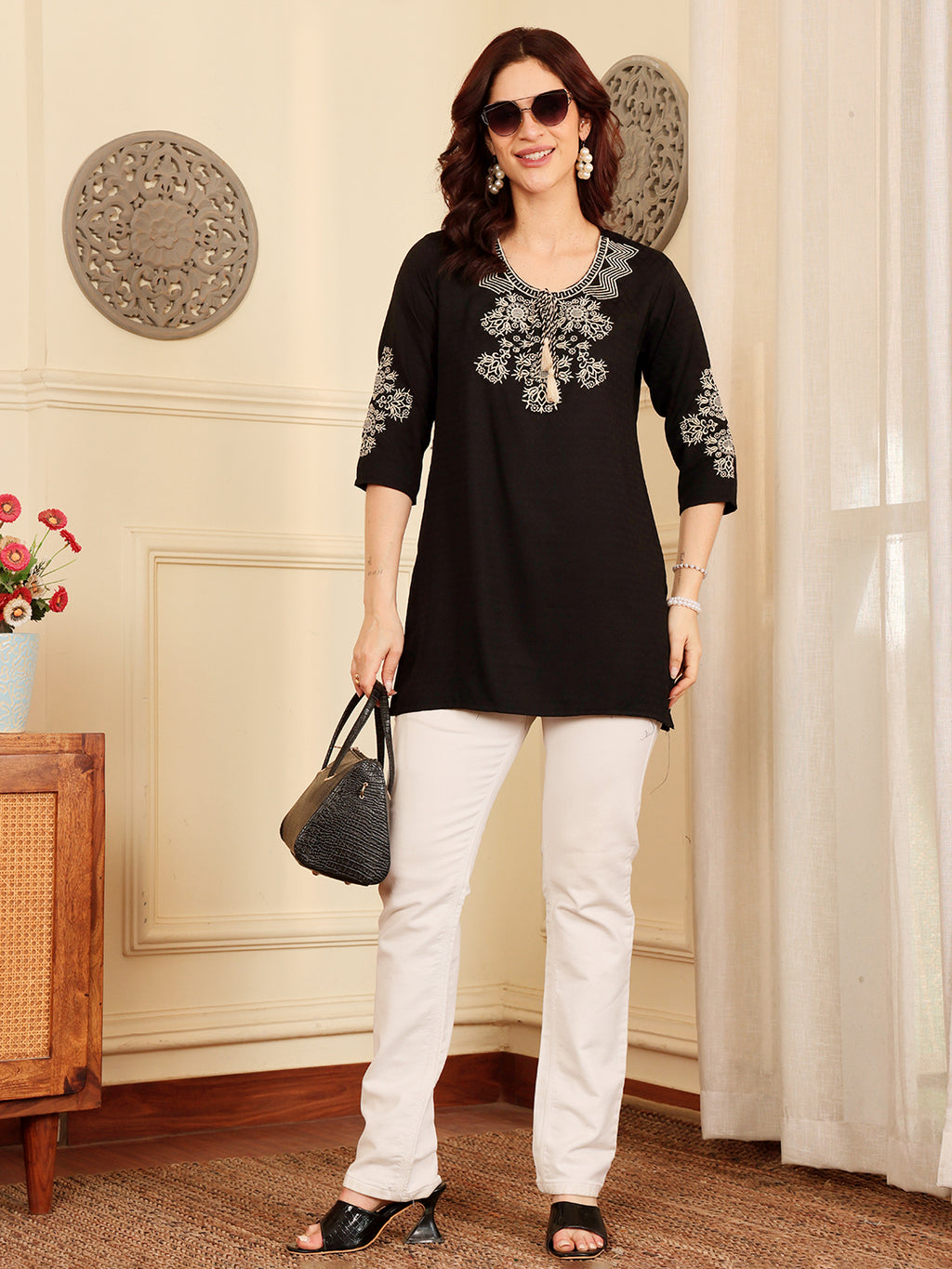 Classic Black Embroidered Kurti With Contrast Threadwork Detailing
