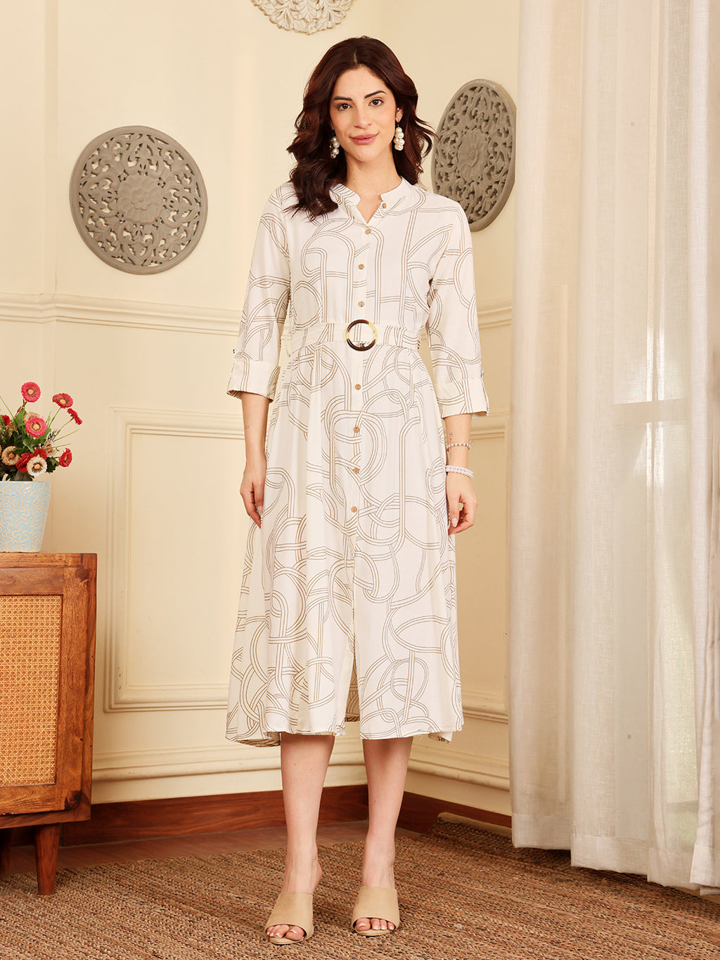 Women's White Abstract Print Shirt With Tortoise Shell Belt