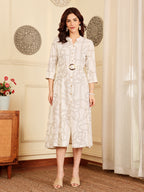 Women's White Abstract Print Shirt With Tortoise Shell Belt