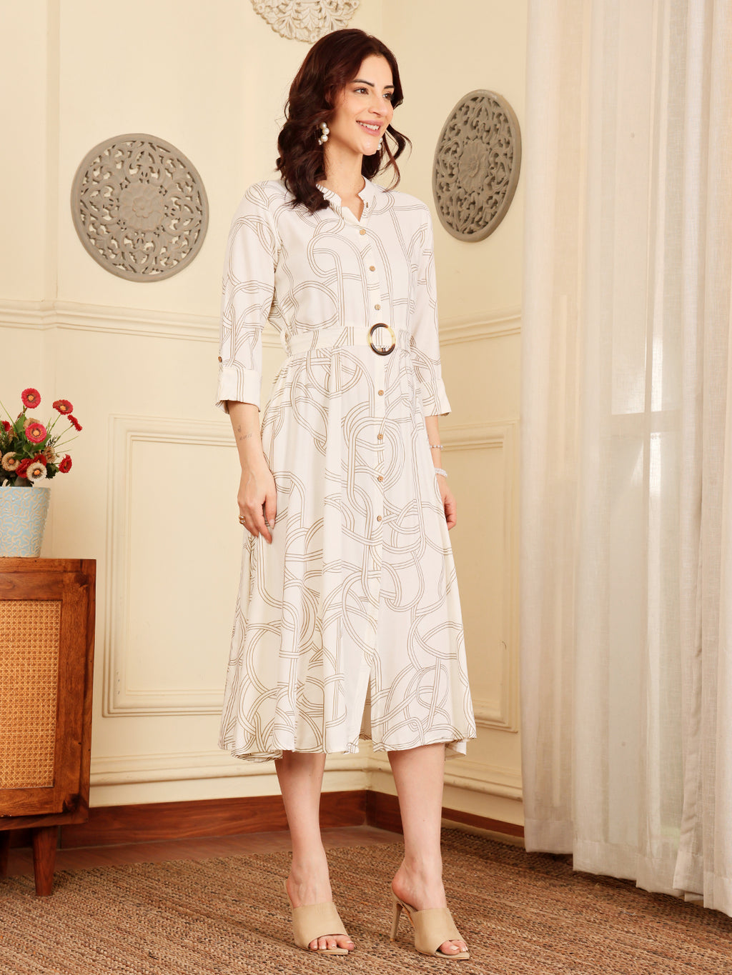 Women's White Abstract Print Shirt With Tortoise Shell Belt