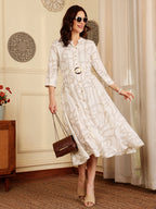 Women's White Abstract Print Shirt With Tortoise Shell Belt