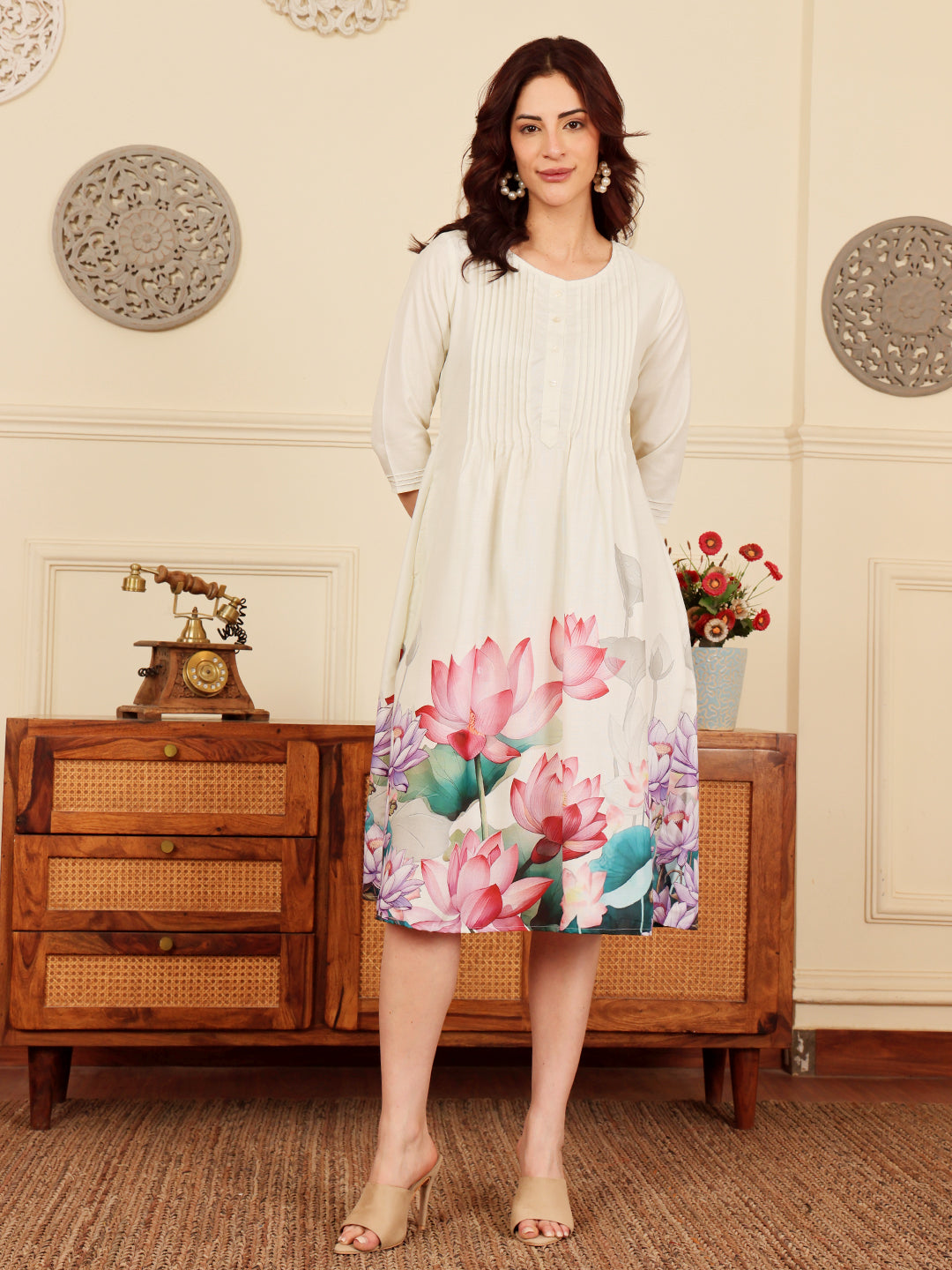 Cream Floral Print A Line Dress With Pintuck Detailing