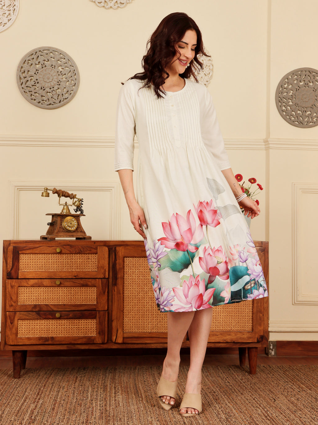 Cream Floral Print A Line Dress With Pintuck Detailing