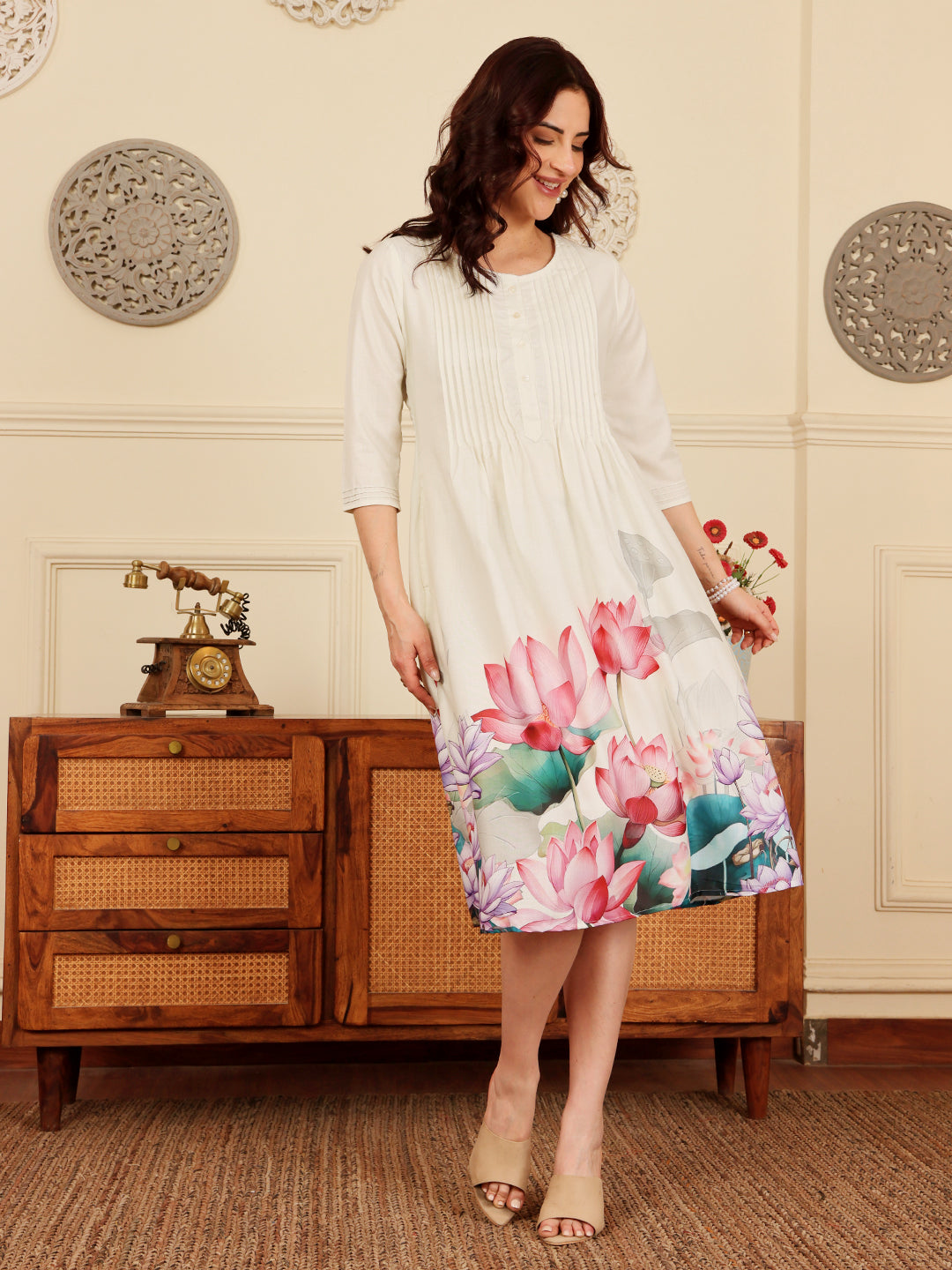 Cream Floral Print A Line Dress With Pintuck Detailing