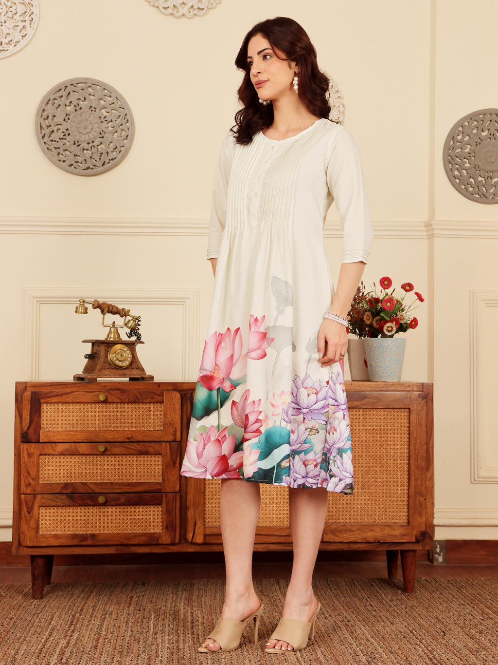 Cream Floral Print A Line Dress With Pintuck Detailing