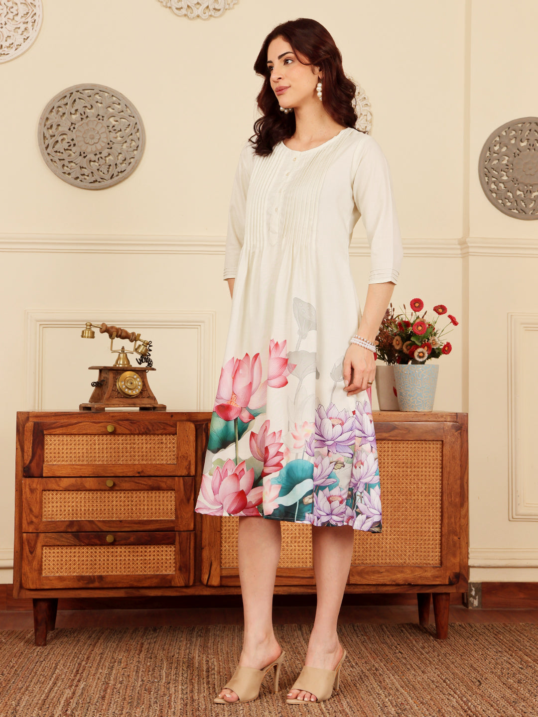 Cream Floral Print A Line Dress With Pintuck Detailing