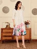 Cream Floral Print A Line Dress With Pintuck Detailing